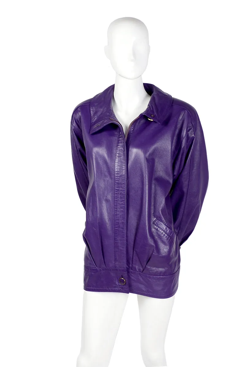 1980's Oversized Purple Leather Jacket with High Collar and Pockets