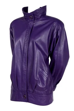 1980's Oversized Purple Leather Jacket with High Collar and Pockets