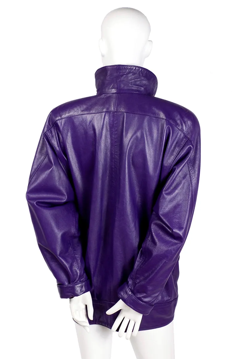 1980's Oversized Purple Leather Jacket with High Collar and Pockets