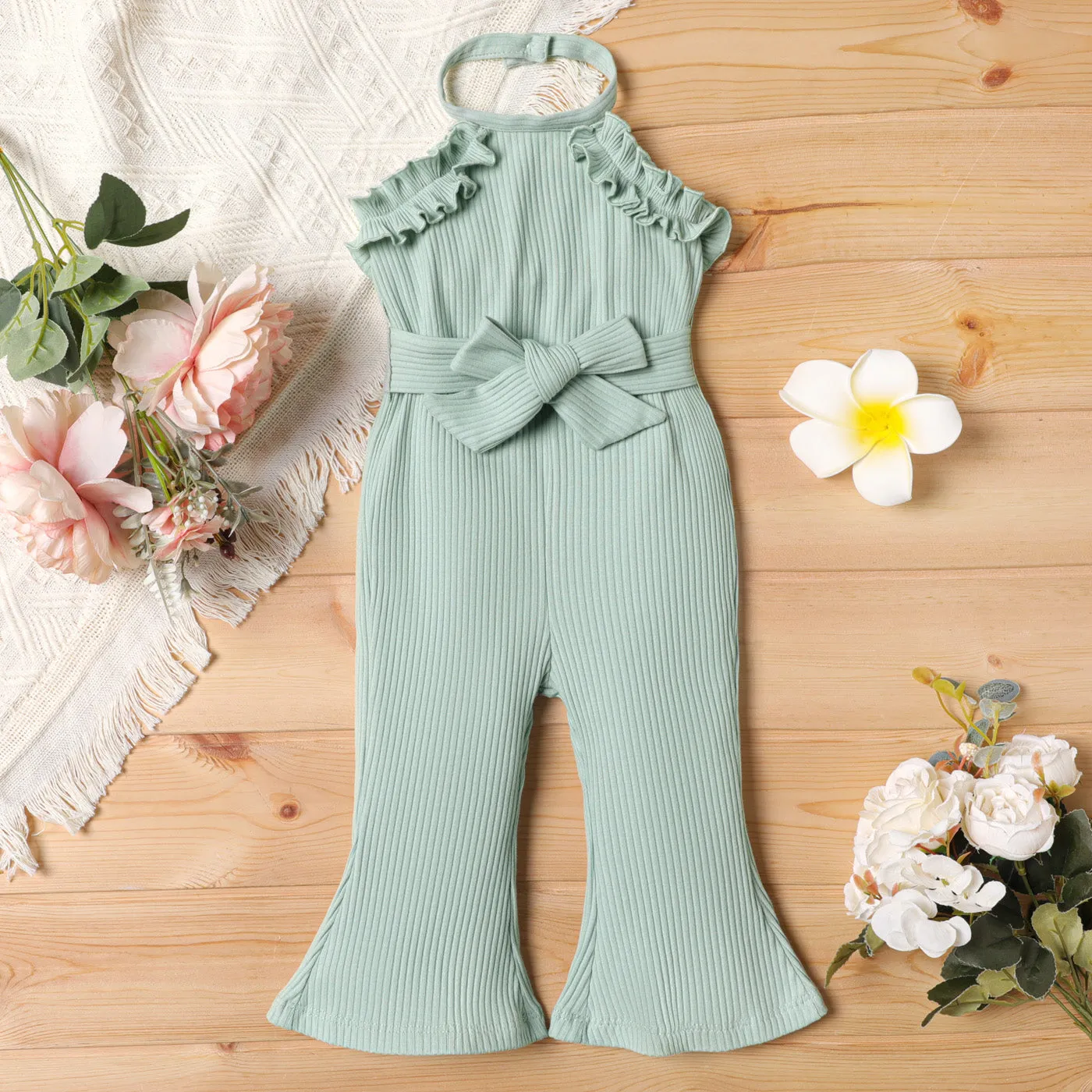 2pcs Baby Girl Cotton Ribbed Ruffle Trim Halter Sleeveless Bell Bottom Jumpsuit & Belt Set