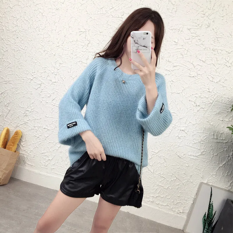 3/4 Sleeves Pure Color Scoop Regular Sweater