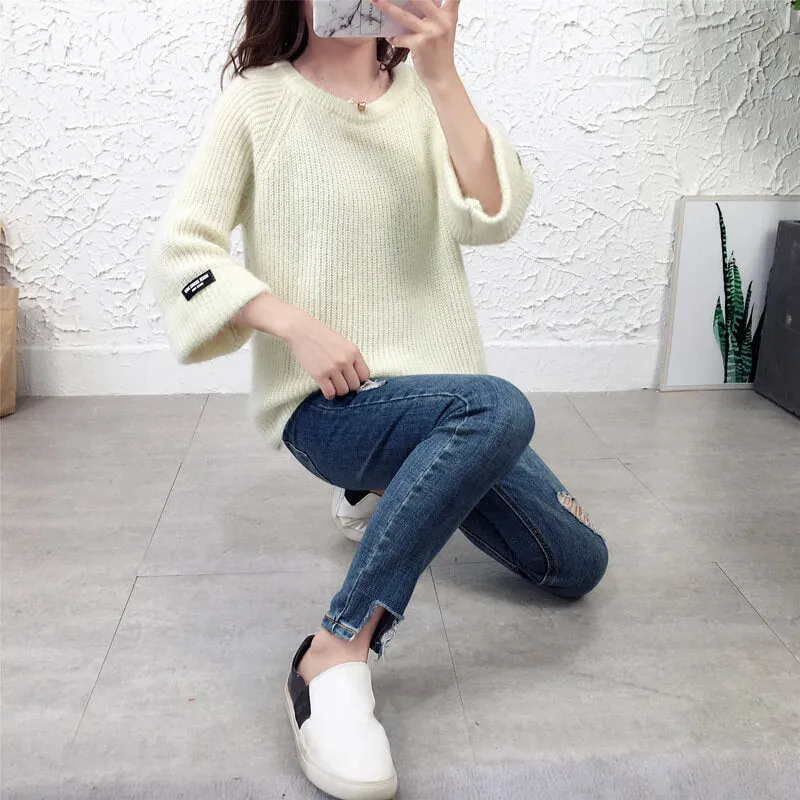 3/4 Sleeves Pure Color Scoop Regular Sweater