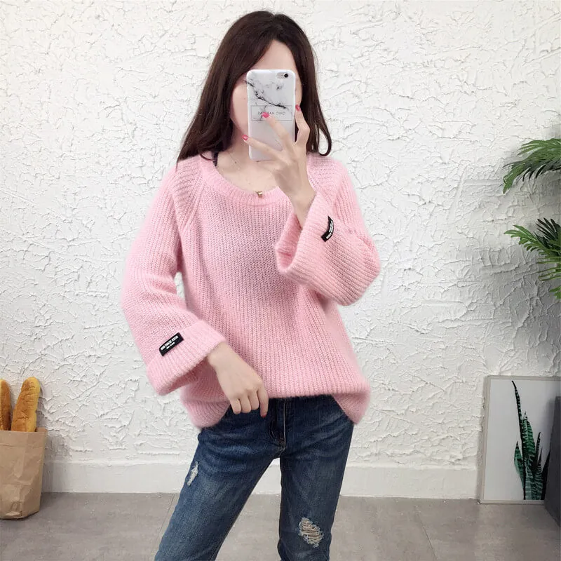 3/4 Sleeves Pure Color Scoop Regular Sweater