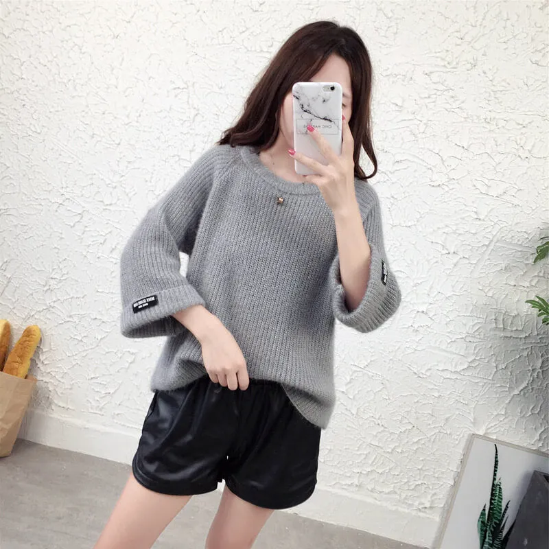 3/4 Sleeves Pure Color Scoop Regular Sweater