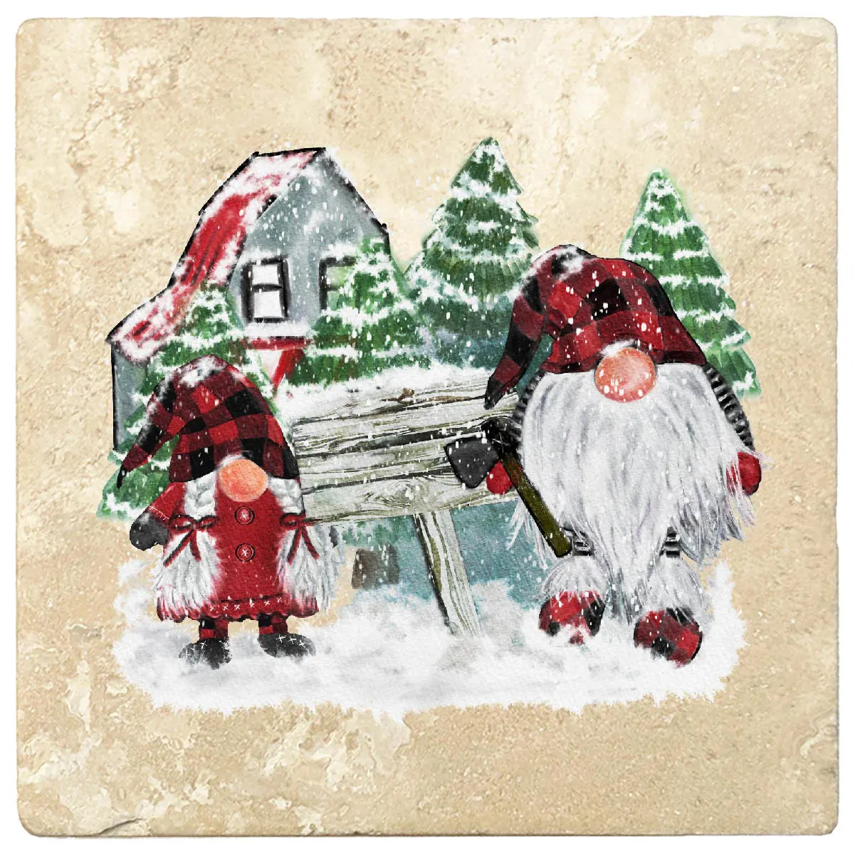 4" Christmas Holiday Travertine Coasters - Gnomes Winter Scene, 2 Sets of 4, 8 Pieces