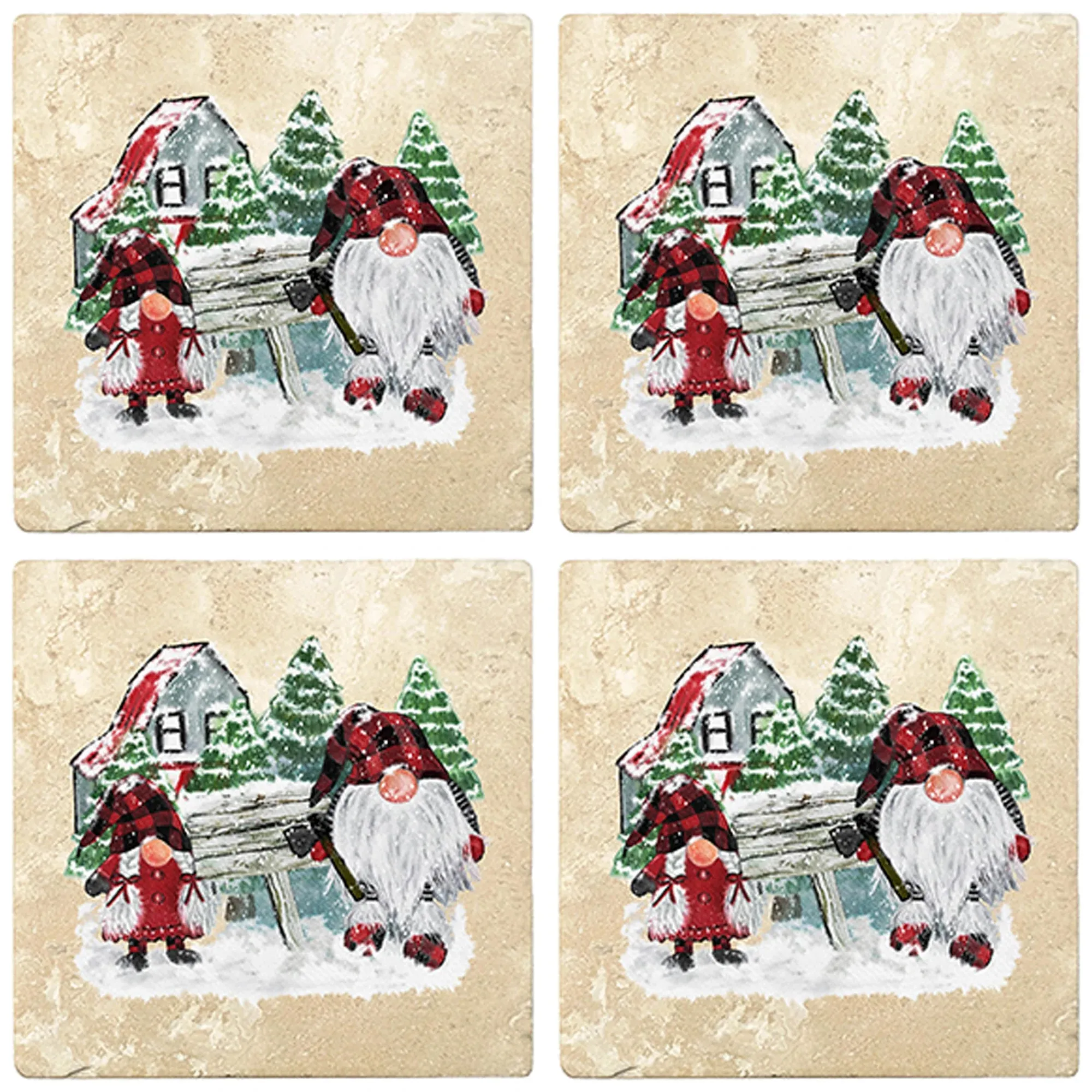 4" Christmas Holiday Travertine Coasters - Gnomes Winter Scene, 2 Sets of 4, 8 Pieces