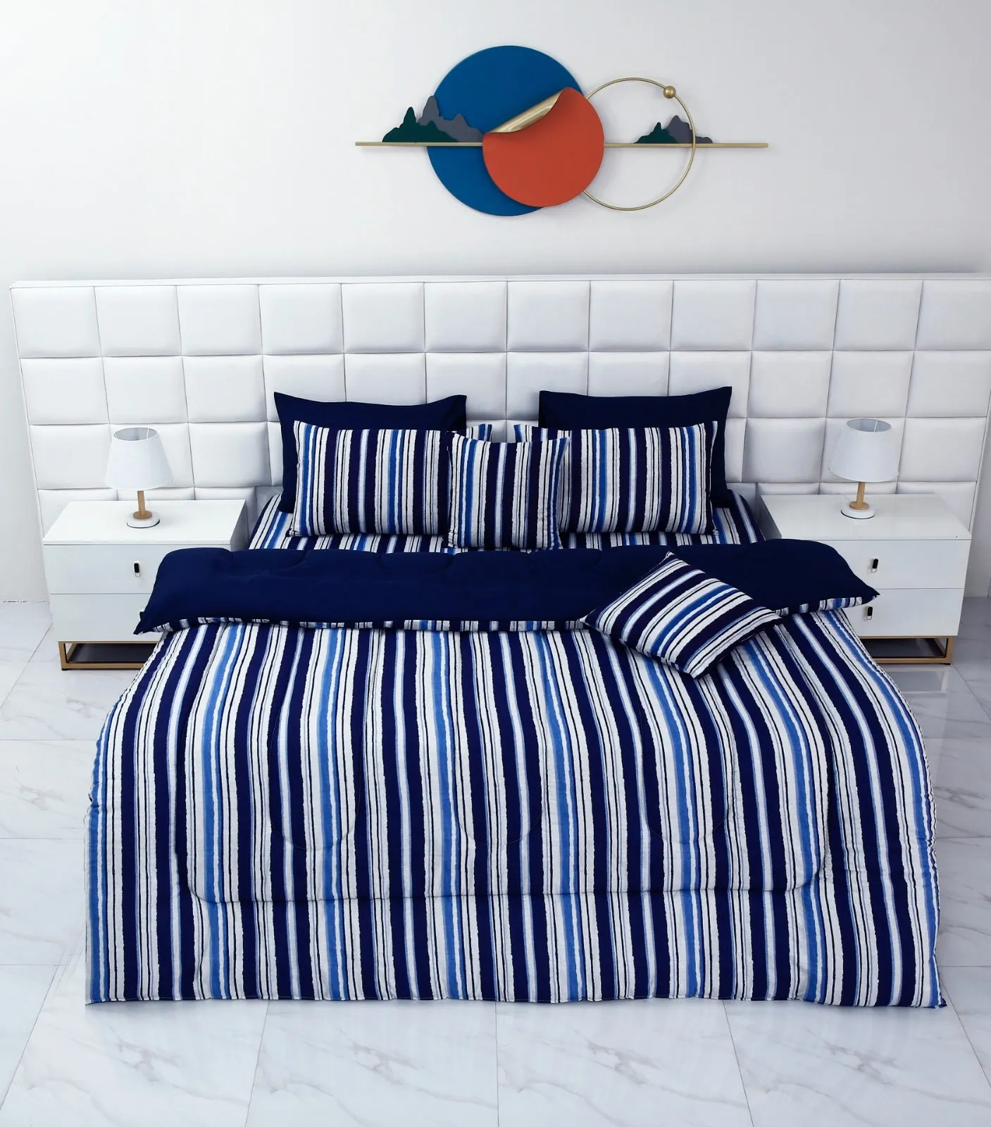 8 PCs Winter Comforter Set-Blue Bold Lines