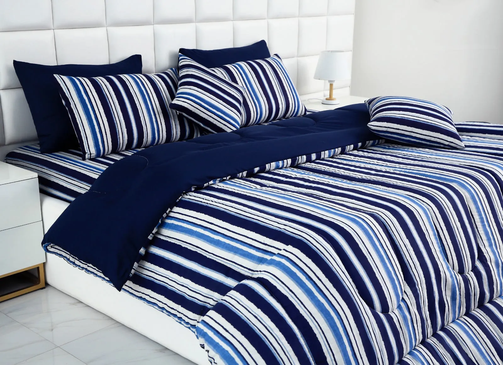 8 PCs Winter Comforter Set-Blue Bold Lines