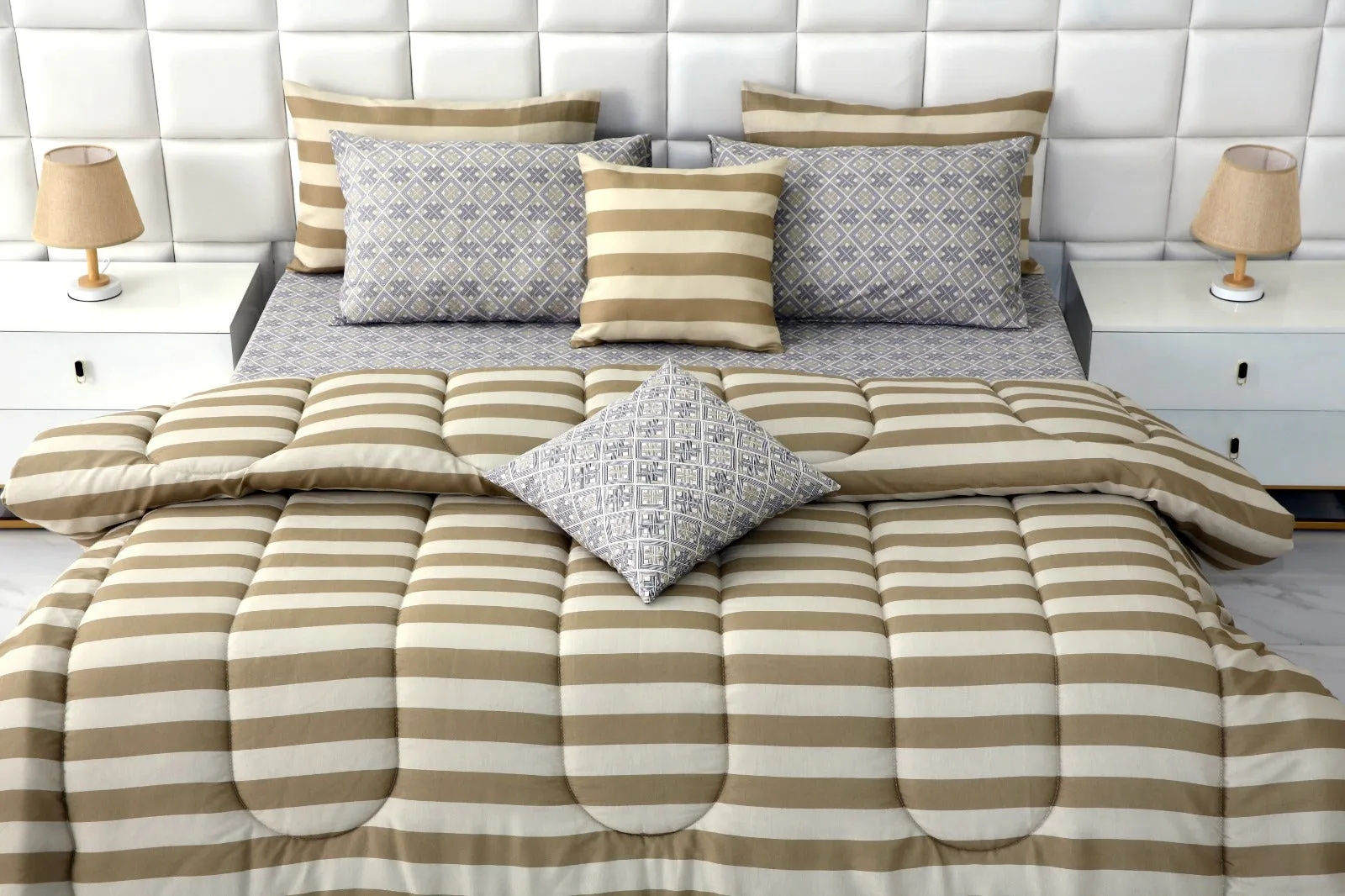 8 PCs Winter Comforter Set-Bold Beige Stripes