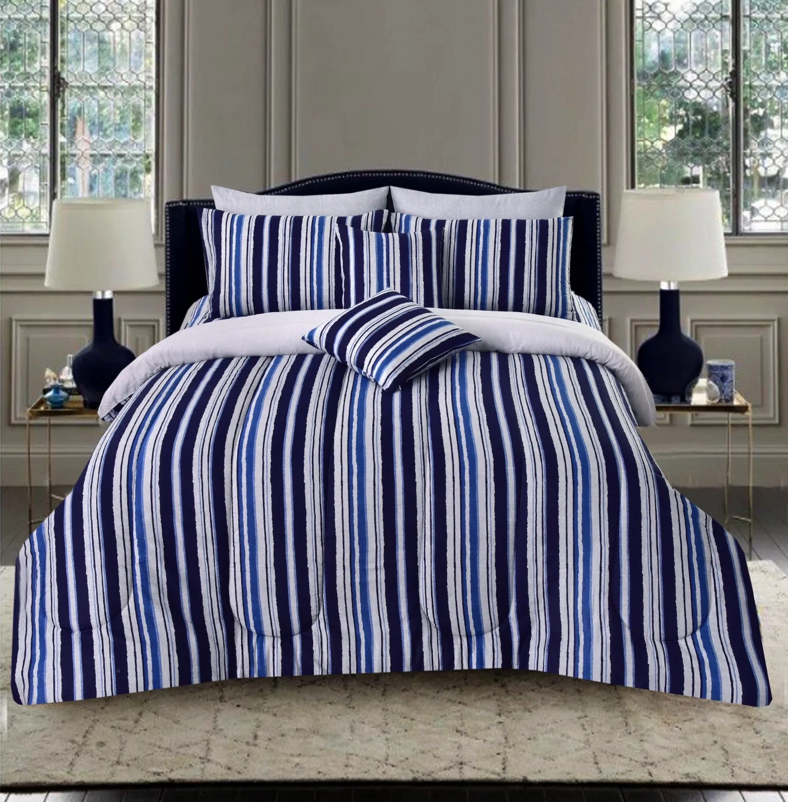 8 PCs Winter Comforter Set-Bold Stripes(Grey Reverse)