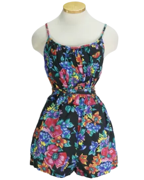 80s Catalina Black Floral Playsuit     w28