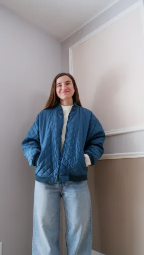 90s Blue Quilted Bomber - L