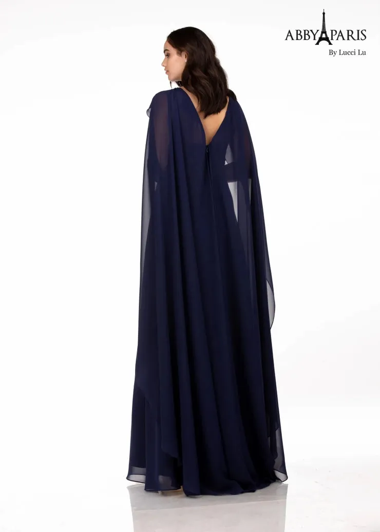 Abby Paris 96067 A-Line Embellished Bodice Sheer Cape V-Back High Neck MOB Formal Gown