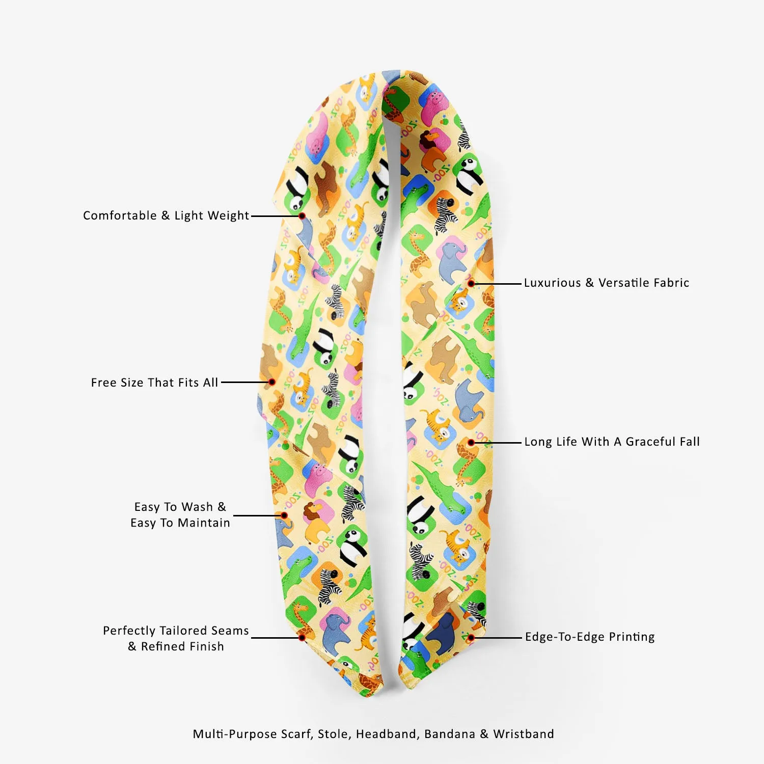 African Animals Printed Scarf | Neckwear Balaclava | Girls & Women | Soft Poly Fabric