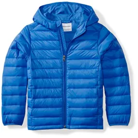 Amazon Essentials Boys' Lightweight Water-Resistant Packable Hooded Puffer Coat, Blue, Medium