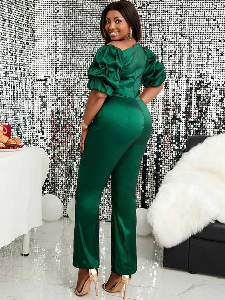 AOMEIDRESS Women Puff Sleeve Flare Leg Party Jumpsuit Plus Size