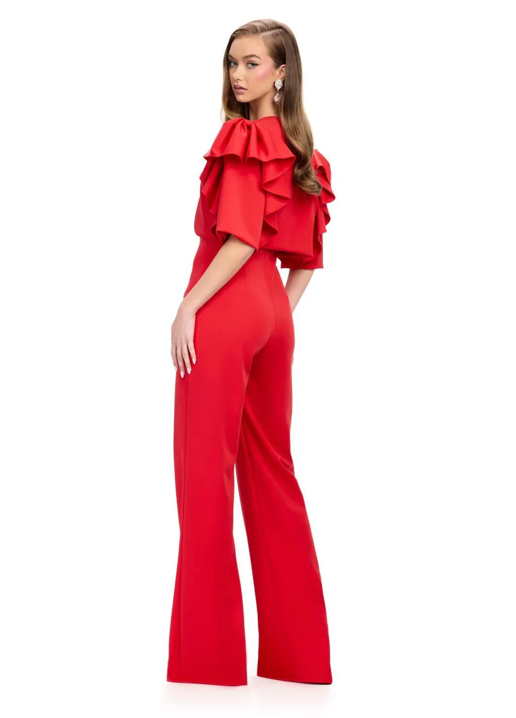 Ashley Lauren 11760 Scuba Jumpsuit with Jacket Ruffle Sleeves Wide Pants Legs