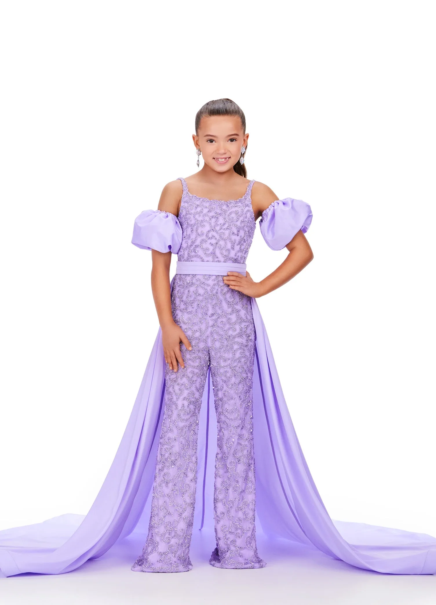 Ashley Lauren Kids 8269 Girls Beaded Puff Sleeve Jumpsuit Pageant Fun Fashion Overskirt Formal