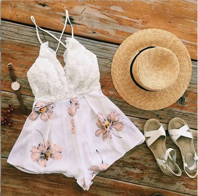 Backless Back Cross Lace Flower Print V-neck Romper