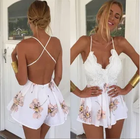 Backless Back Cross Lace Flower Print V-neck Romper