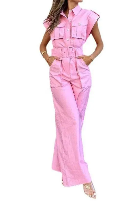 Barbie pink slanted shoulder jumpsuit