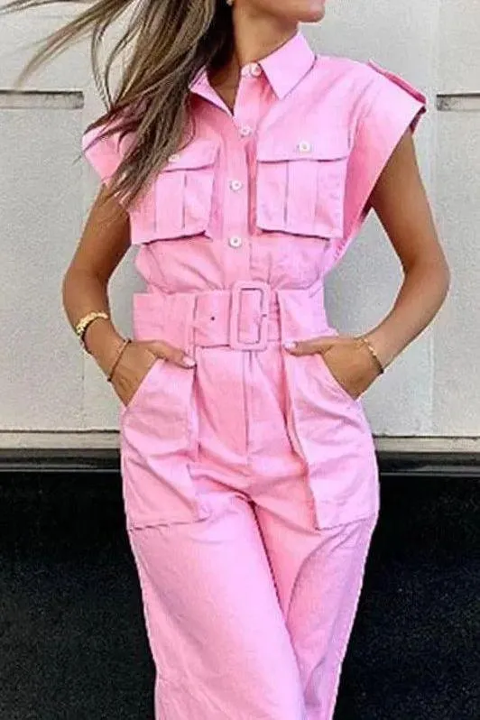 Barbie pink slanted shoulder jumpsuit