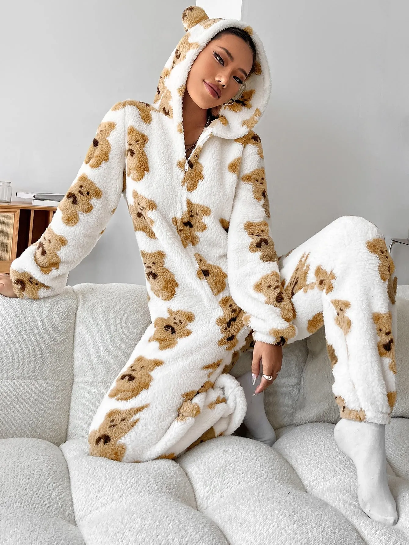 Bear Pattern 3D Ear Design Zipper Hooded Jumpsuit FW23 FD