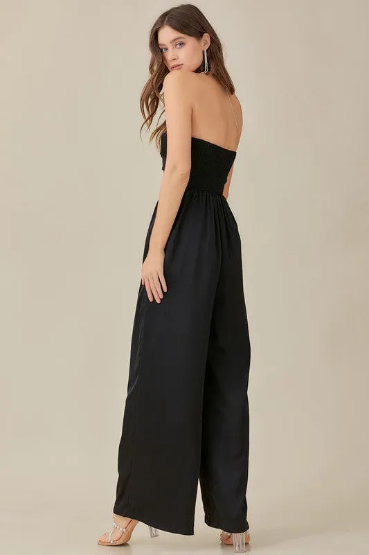 Beautiful Black Strapless Detailed Wide Leg Jumpsuit