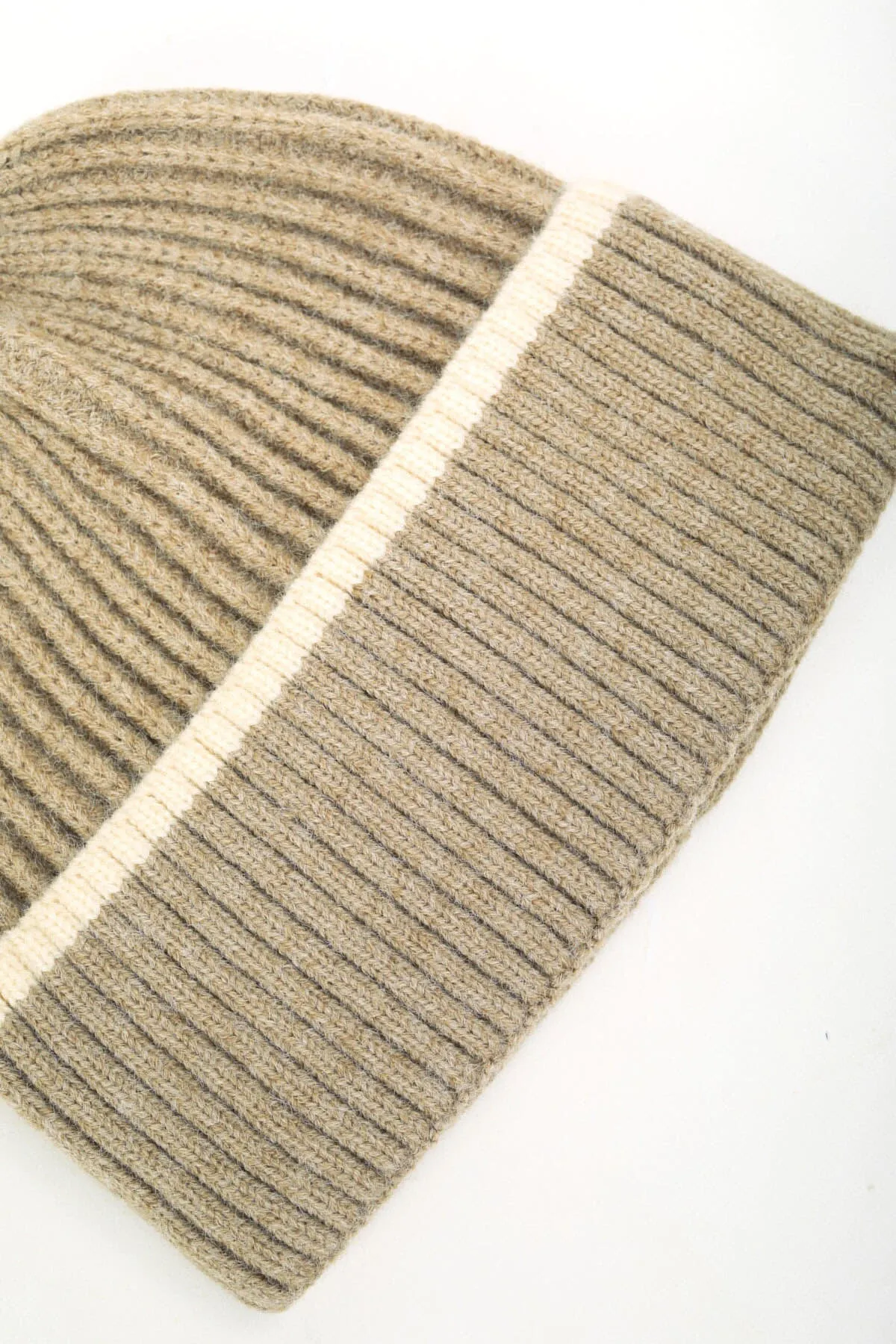 Beige Ribbed Beanie With Stripe Hem