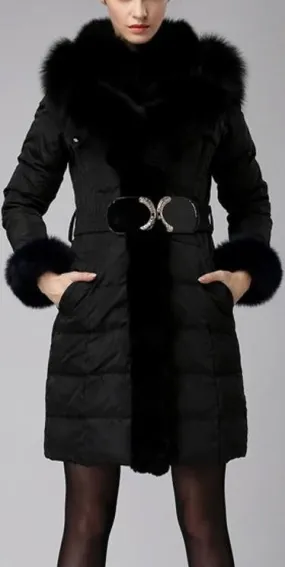 Belted Fox-Fur-Trimmed Puffer Down Coat, Black