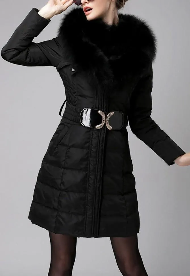 Belted Fox-Fur-Trimmed Puffer Down Coat, Black