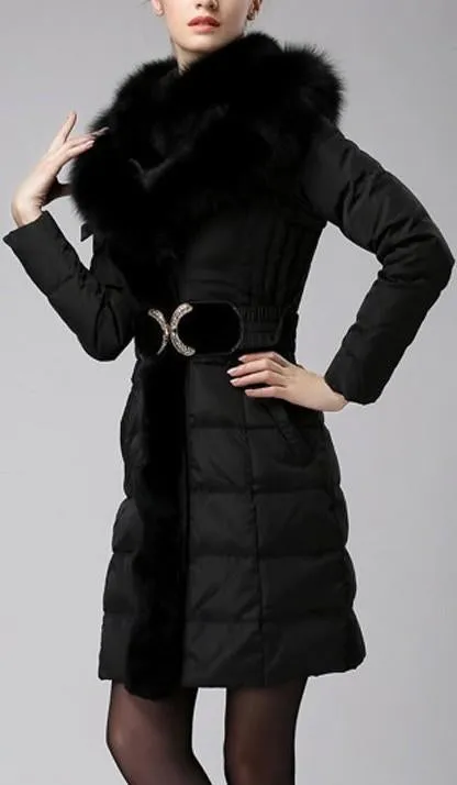 Belted Fox-Fur-Trimmed Puffer Down Coat, Black