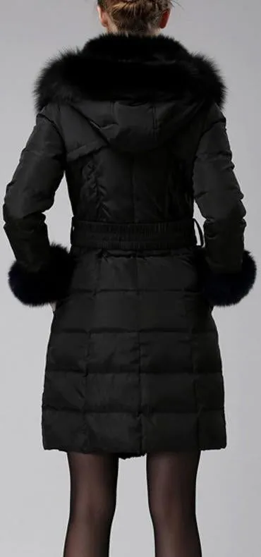 Belted Fox-Fur-Trimmed Puffer Down Coat, Black