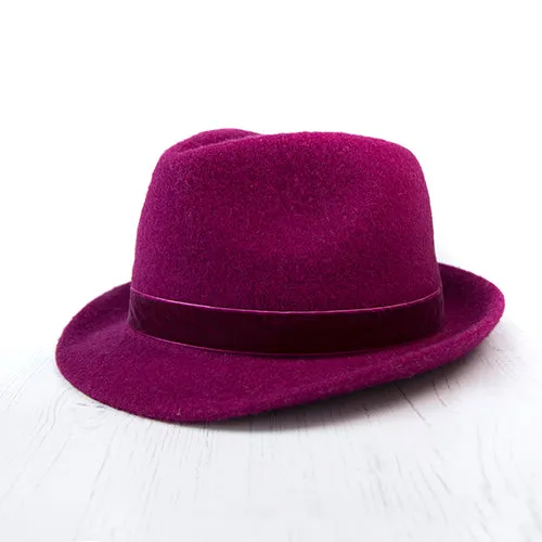 Berry Pink Wool Hat With Velvet Trim