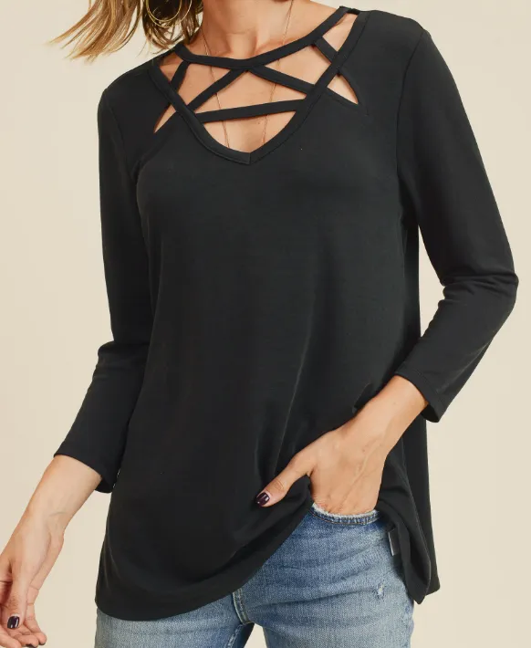 Black basic top with strappy detail