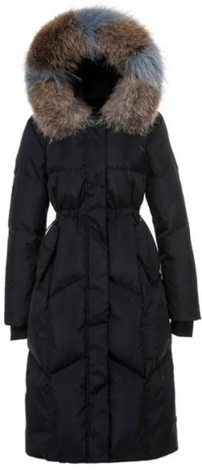 Black Down Coat with Multi Colored Fur Hood