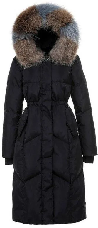 Black Down Coat with Multi Colored Fur Hood