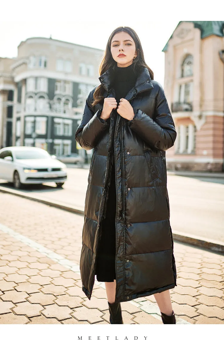 Black Duck Down Feather Puffer Longline Coat