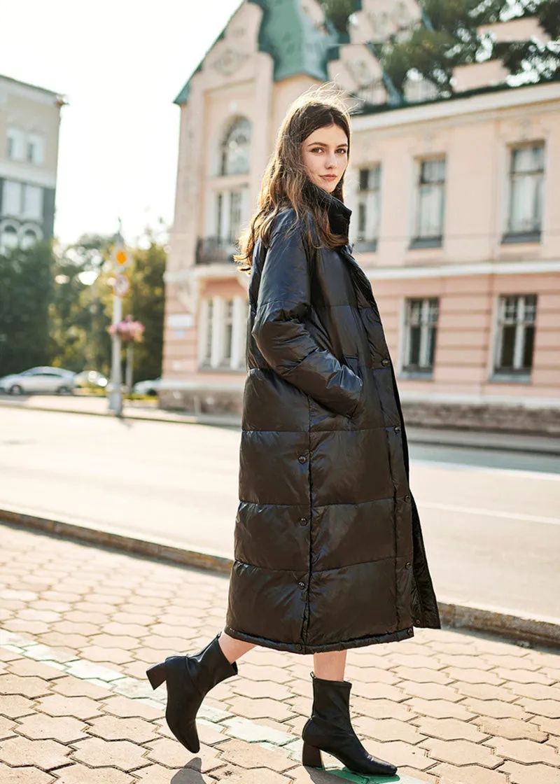 Black Duck Down Feather Puffer Longline Coat