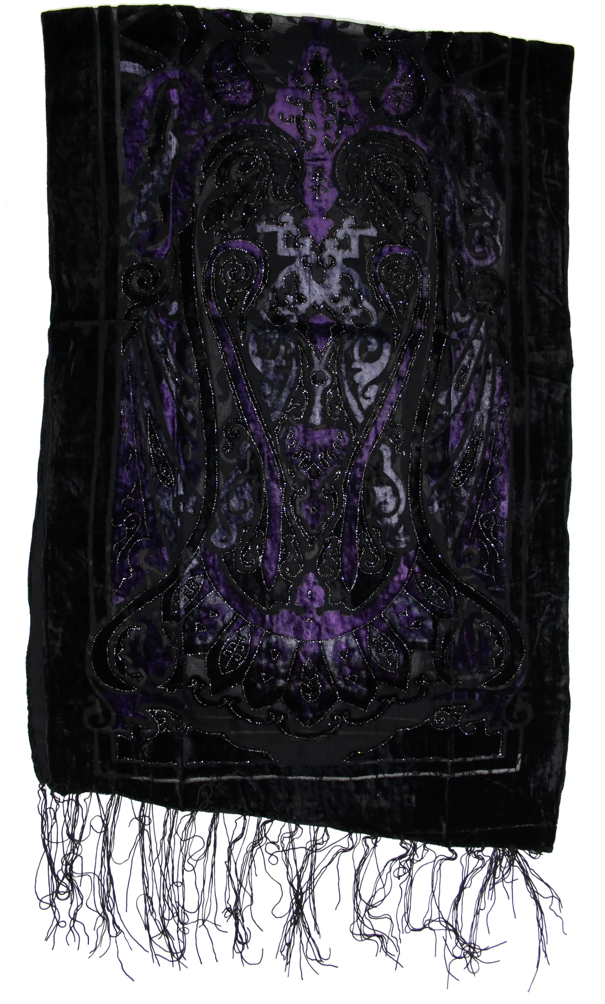 Black   Purle Paisley Design Devore Velvet Scarf with Black Boarder (156 x 52cm)