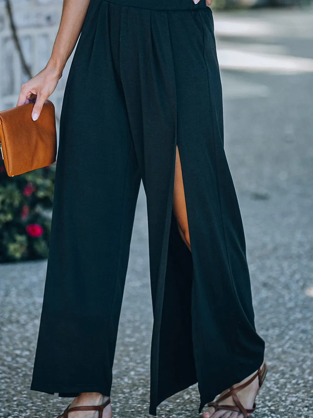 Black Tulip Hem High Waist Wide Leg Pants