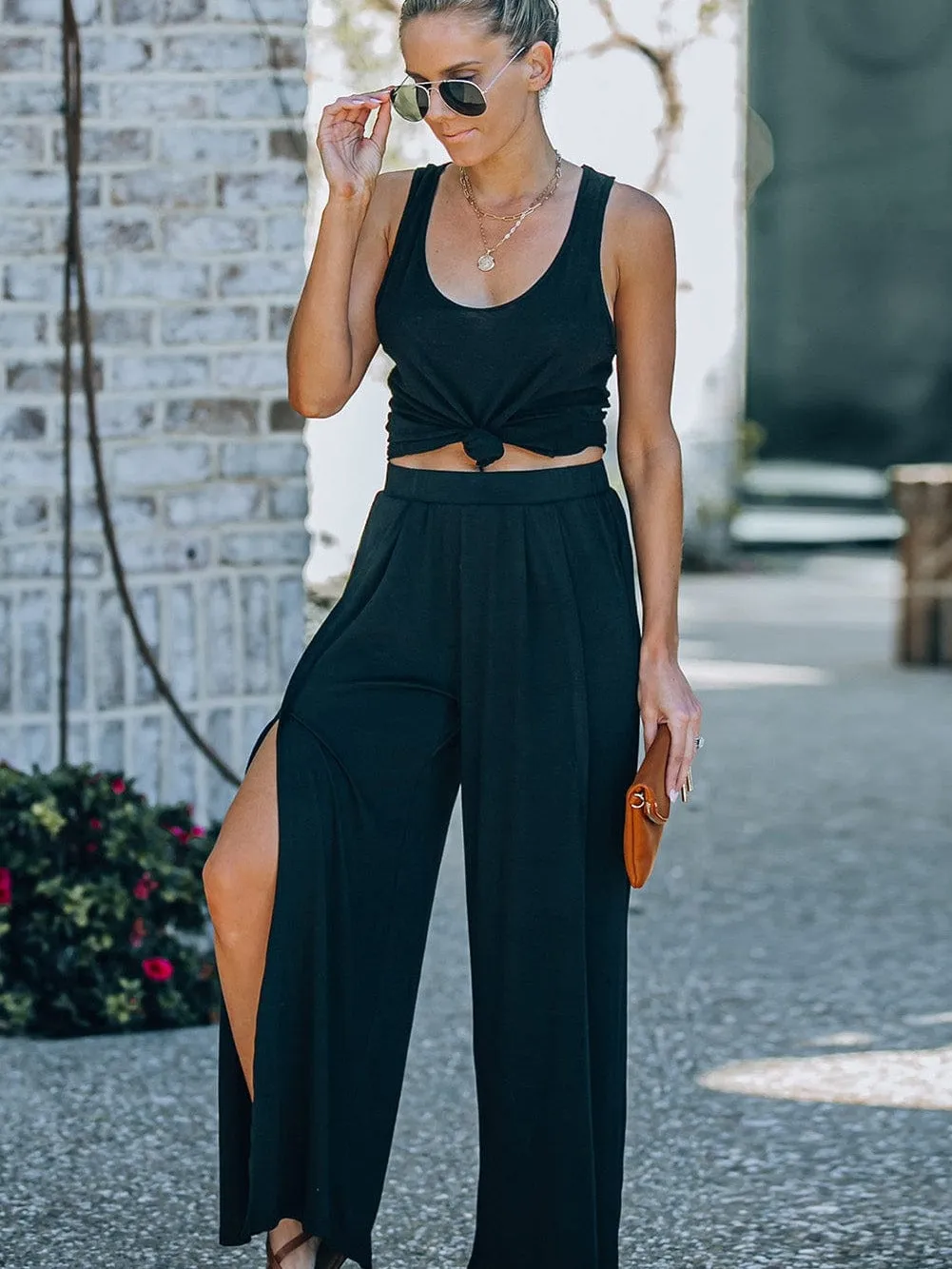 Black Tulip Hem High Waist Wide Leg Pants