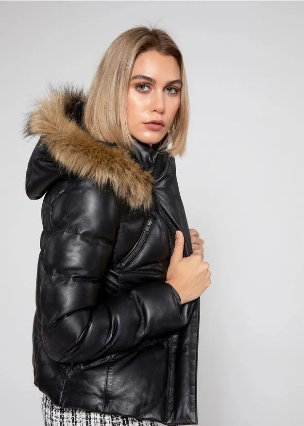 Black Women Joselyn Puffer Winter Down Leather Jacket