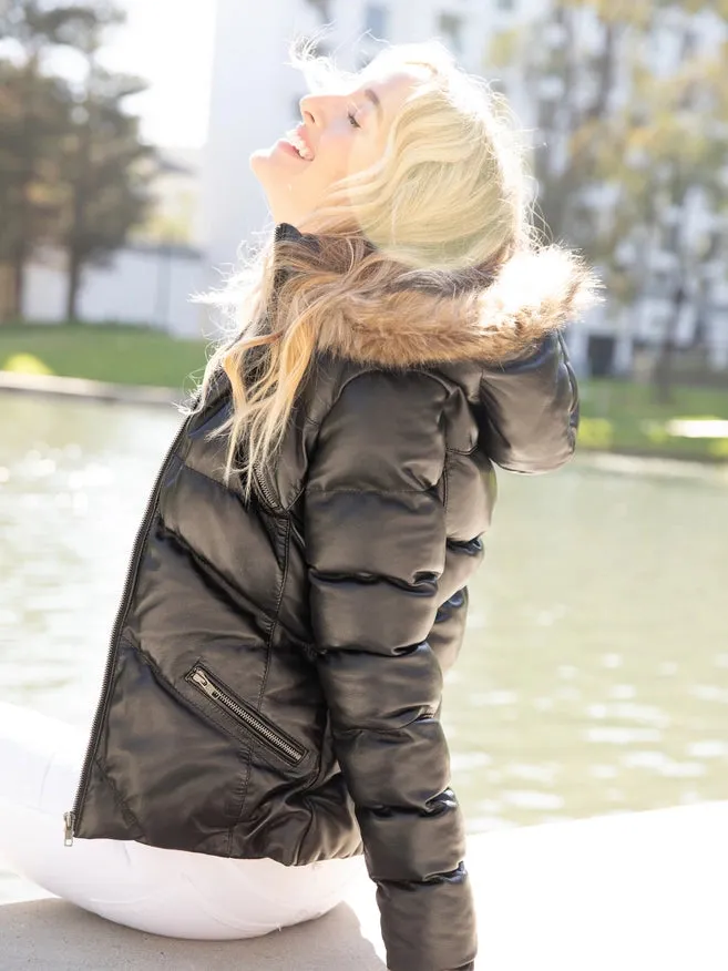 Black Women Joselyn Puffer Winter Down Leather Jacket