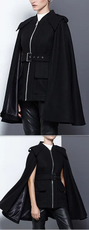 Black Wool Cape Zipped Jacket