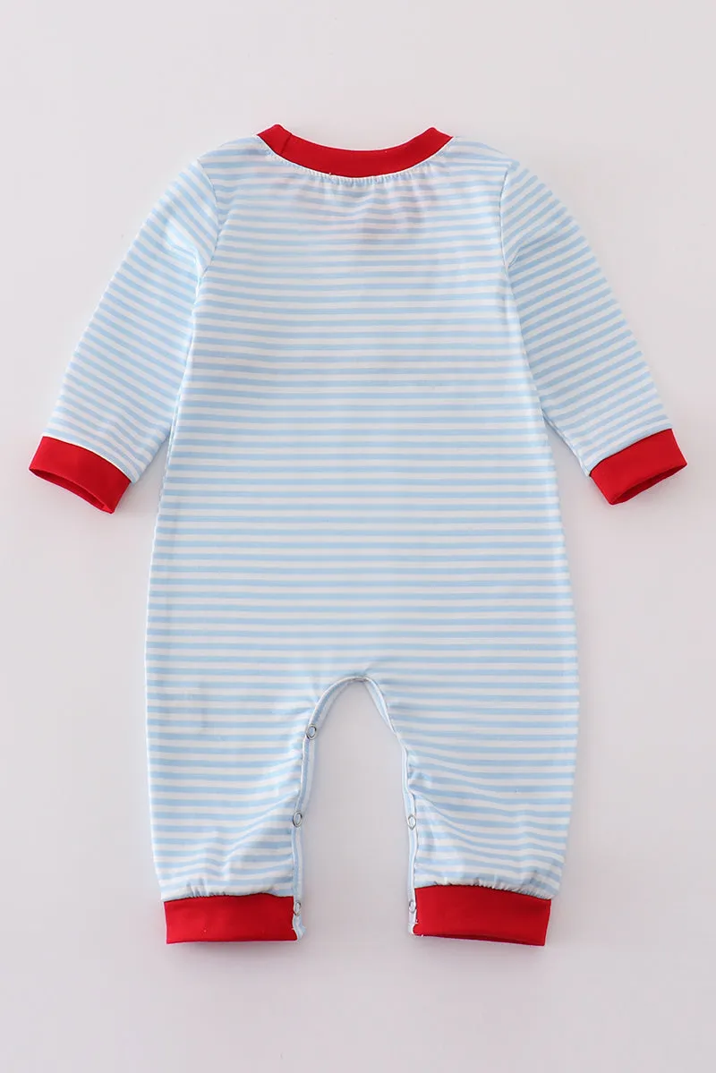 Blue stripe heart embroidery boy romper