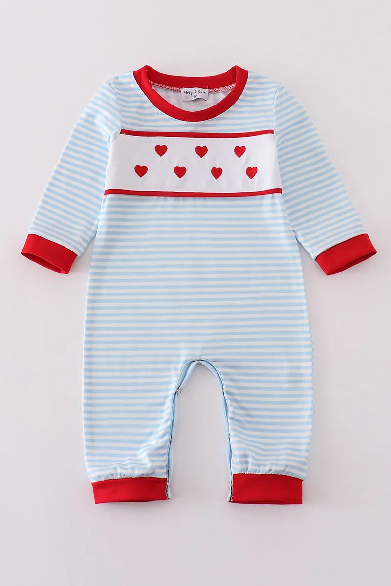 Blue stripe heart embroidery boy romper