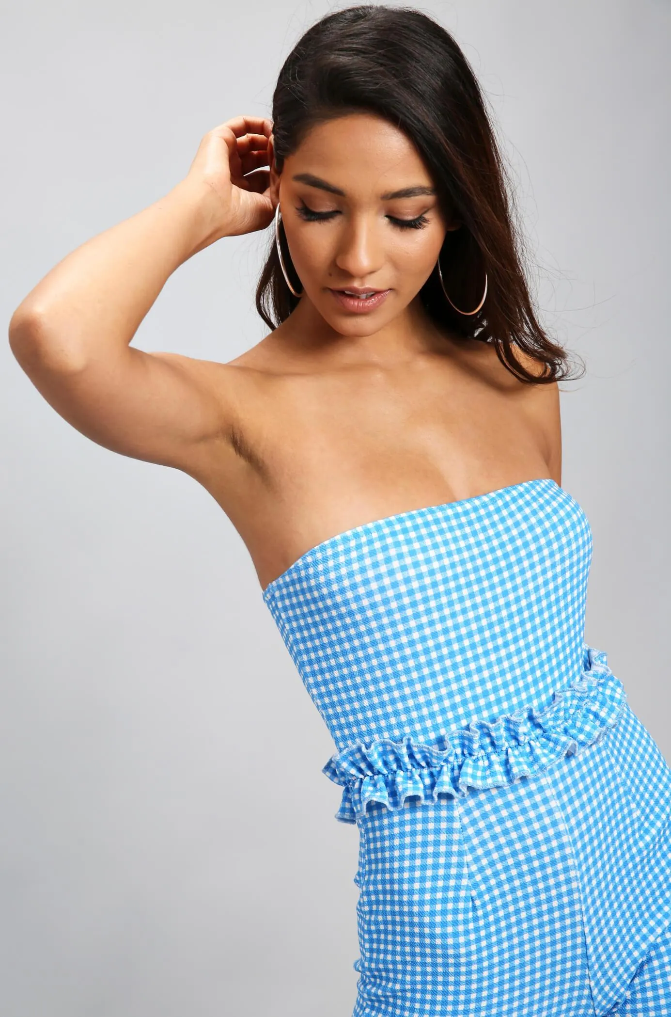 Blue/White Gingham Bandeau Frill Waist & Cuff Jumpsuit