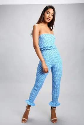 Blue/White Gingham Bandeau Frill Waist & Cuff Jumpsuit