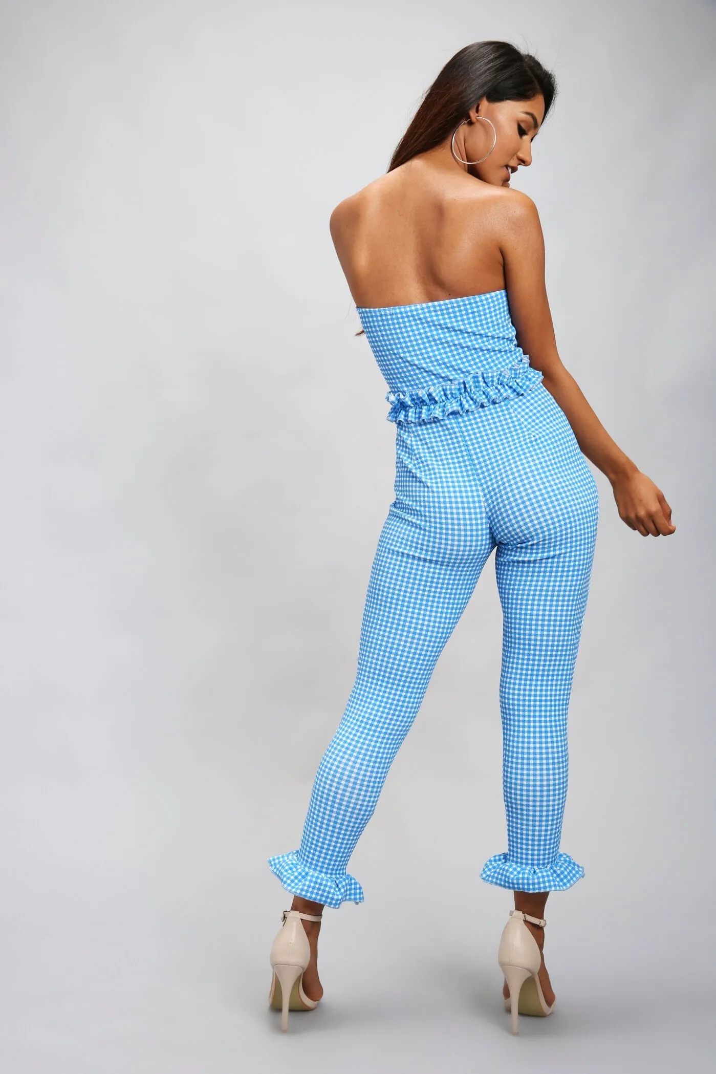 Blue/White Gingham Bandeau Frill Waist & Cuff Jumpsuit